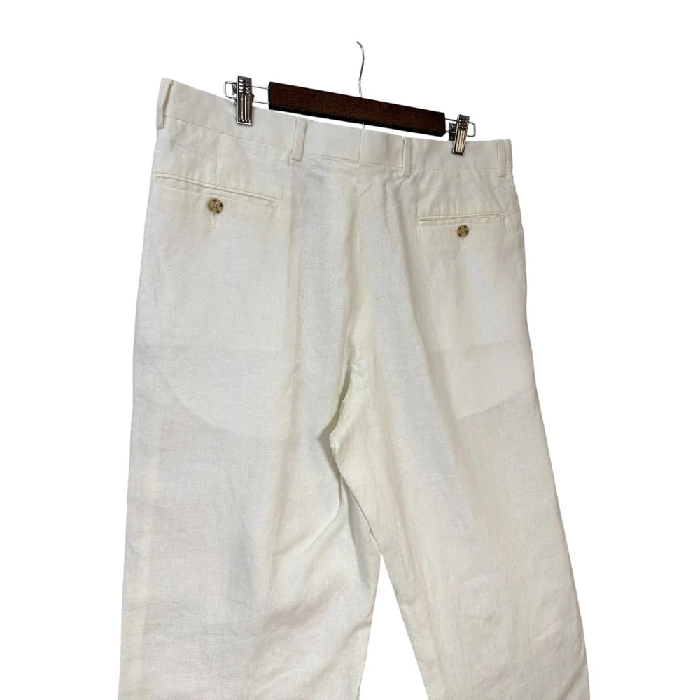Paul Fredrick Mens Linen Dress Pants 36 x 32 Ivory Pleated Cuffed Hem Preppy